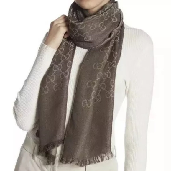 New Auth Gucci Women Monogram GG Jacquard Silk &  Wool Scarf Wrap Brown - Picture 1 of 6
